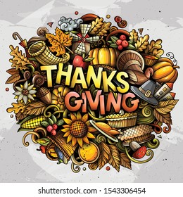 Happy Thanksgiving hand drawn cartoon doodles illustration. Holiday funny objects and elements poster design. Creative art vector background.