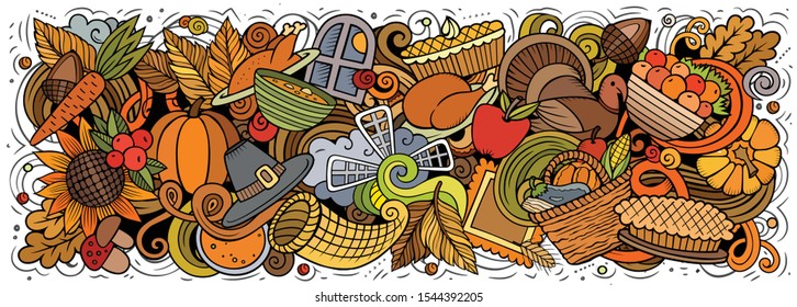 Happy Thanksgiving hand drawn cartoon doodles illustration. Holiday funny objects and elements poster design. Creative art background. Colorful vector banner