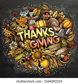 Happy Thanksgiving hand drawn cartoon doodles illustration. Holiday funny objects and elements poster design. Creative art vector background.