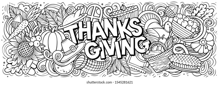 Happy Thanksgiving hand drawn cartoon doodles illustration. Holiday funny objects and elements poster design. Creative art background. Sketchy vector banner