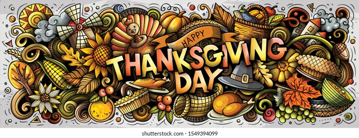 Happy Thanksgiving hand drawn cartoon doodles illustration. Holiday funny objects and elements poster design. Creative art background. Colorful vector banner