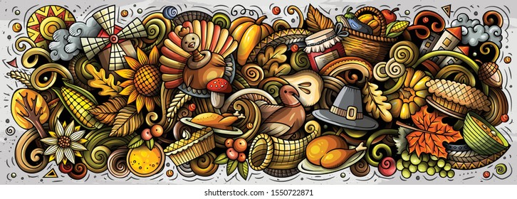 Happy Thanksgiving hand drawn cartoon doodles illustration. Holiday funny objects and elements poster design. Creative art background. Colorful vector banner