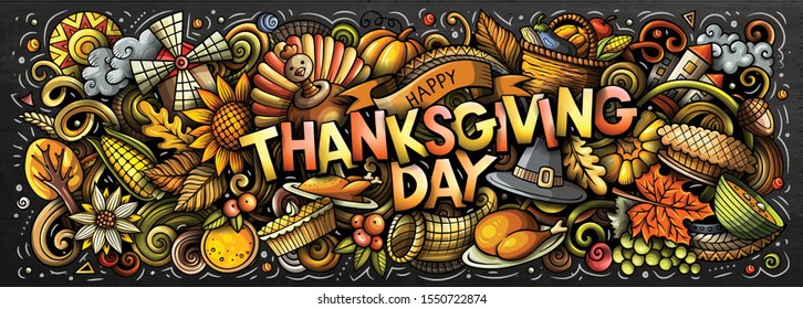 Happy Thanksgiving hand drawn cartoon doodles illustration. Holiday funny objects and elements poster design. Creative art background. Colorful vector banner