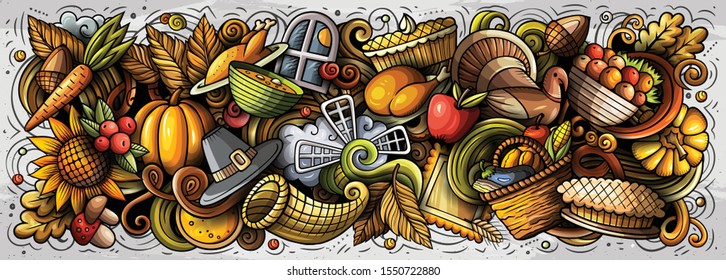 Happy Thanksgiving hand drawn cartoon doodles illustration. Holiday funny objects and elements poster design. Creative art background. Colorful vector banner