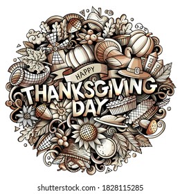 Happy Thanksgiving hand drawn cartoon doodles illustration. Holiday funny objects and elements poster design. Creative art vector background.