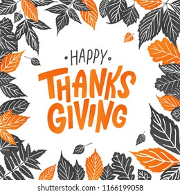 Happy thanksgiving. Hand drawn text Lettering card. Vector illustration. Cartoon style. Typography design for print greetings card, shirt, banner, poster. Colorful