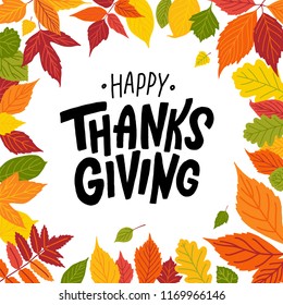 Happy thanksgiving. Hand drawn text Lettering card. Vector illustration. Cartoon style. Typography design for print greetings card, shirt, banner, poster. Colorful