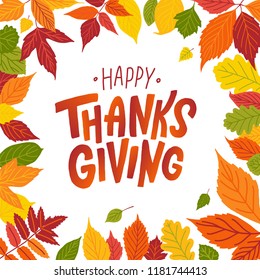 Happy thanksgiving. Hand drawn text Lettering card. Vector illustration. Cartoon style. Typography design for print greetings card, shirt, banner, poster. Colorful