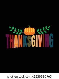 Happy Thanksgiving hand lettering. Handwritten text on black background with leafs and pumpkin. Vector illustration.