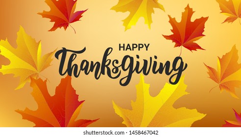 Happy Thanksgiving hand lettering text. Typography for logo, icon, card, invitation and banner template. Greeting card for Thanksgiving day celebration. Vector illustration.