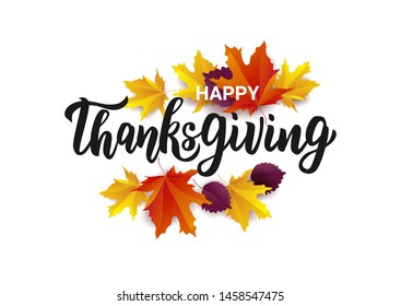 Happy Thanksgiving hand lettering text. Typography for logo, icon, card, invitation and banner template. Greeting card for Thanksgiving day celebration. Vector illustration.