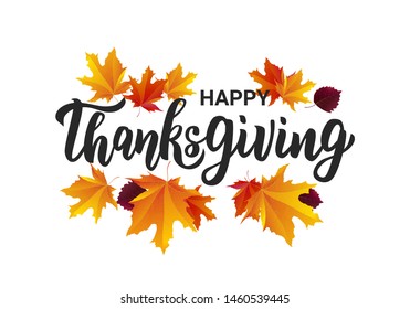 Happy Thanksgiving hand lettering text. Typography for logo, icon, card, invitation and banner template. Greeting card for Thanksgiving day celebration. Vector illustration.