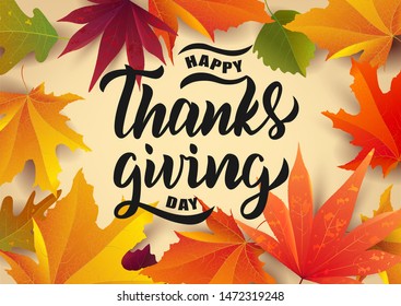 Happy Thanksgiving hand lettering text. Typography for logo, icon, card, invitation and banner template. Greeting card for Thanksgiving day celebration. Vector illustration.