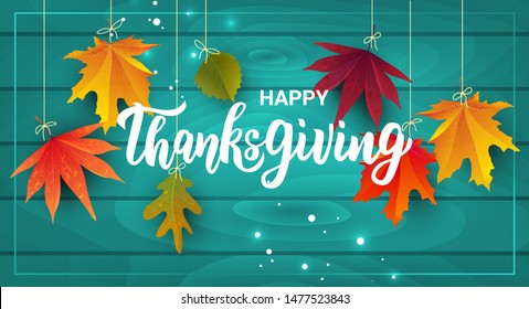 Happy Thanksgiving hand lettering text. Typography for logo, icon, card, invitation and banner template. Greeting card for Thanksgiving day celebration. Vector illustration.