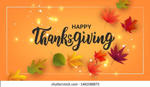 Happy Thanksgiving hand lettering text. Typography for logo, icon, greeting card, invitation and banner template. Greeting card for Thanksgiving day celebration. Vector illustration.