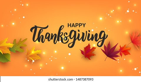 Happy Thanksgiving hand lettering text. Typography for logo, icon, greeting card, invitation and banner template. Greeting card for Thanksgiving day celebration. Vector illustration.