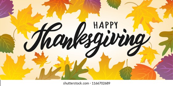 Happy Thanksgiving hand lettering. Typography for logo, badge, icon, card, invitation and banner template. Greeting card for Thanksgiving day celebration. Vector illustration.