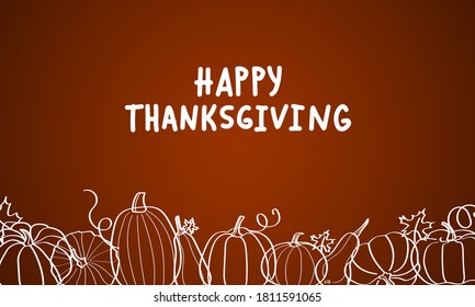 Happy thanksgiving hand written text on autumn background with pumpkin outlines.