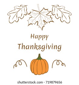 Happy thanksgiving. Hand-drawn pattern with maple and oak leaves and pumpkin.