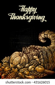 Happy Thanksgiving. Hand-drawn sketch Cornucopia or Horn of plenty. Food. Fruits and Vegetables