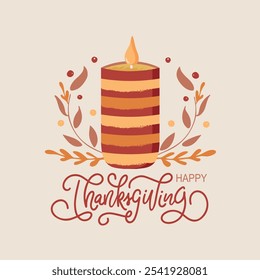 Happy thanksgiving handwritten phrase. Hand lettering typography and vector holiday illustration  as card, poster, emblem, banner for holidays. Seasonal greeting. Autumn mood. Modern brush calligraphy