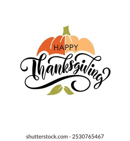 Happy Thanksgiving handwritten text. Modern brush ink calligraphy. Vector colorful illustration on white background, hand lettering typography. Greeting holiday design for card, banner, poster