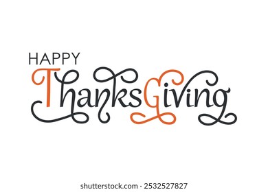 Happy Thanksgiving handwritten text. Modern brush ink calligraphy. Vector colorful illustration on white background, hand lettering typography. Greeting holiday design for card, banner, poster