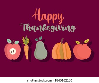 happy thanksgiving harvest apple carrot pear pumpkin vector illustration