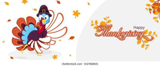 Happy Thanksgiving header or banner design with illustration of turkey bird wearing pilgrim hat and autumn leaves decorated on white background.
