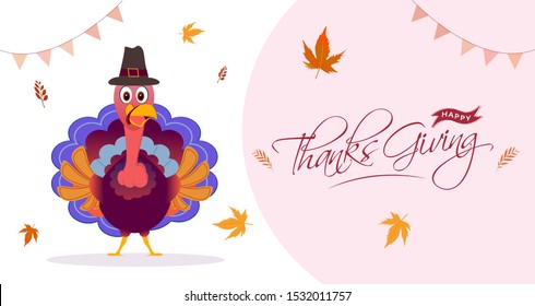 Happy Thanksgiving header or banner design with illustration of turkey bird wearing pilgrim hat and autumn leaves decorated on white background.