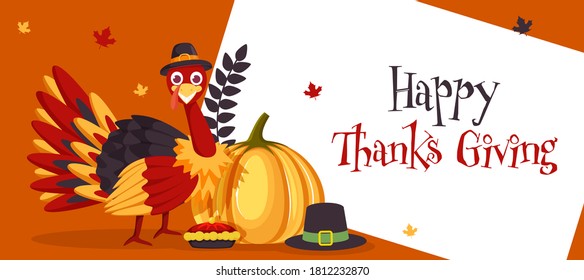 Happy Thanksgiving Header or Banner Design with Cartoon Turkey Bird, Pilgrim Hat, Pumpkin and Pie Cake on White and Orange Background.