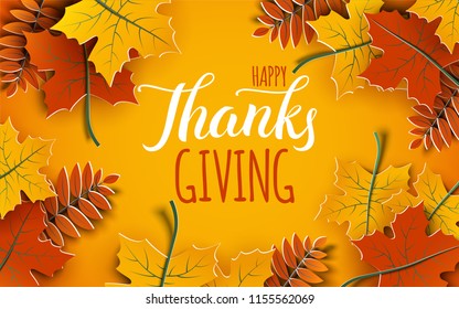 Happy Thanksgiving holiday 3d banner with congratulation text. Autumn tree leaves frame, yellow background. Autumnal design for fall season greeting card, paper cut out art style, vector illustration