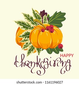 Happy Thanksgiving. Holiday autumn background with pumpkins and leaves.