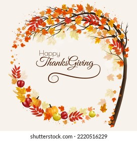Happy Thanksgiving Holiday background with autumn tree with colorful leaves and vegetables and fruit. Vector.