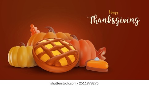 Happy thanksgiving holiday background. Design composition with pumpkin, pie, autumn leaves in 3d cartoon style for banner, flyer, card, poster. Vector celebration illustration.
