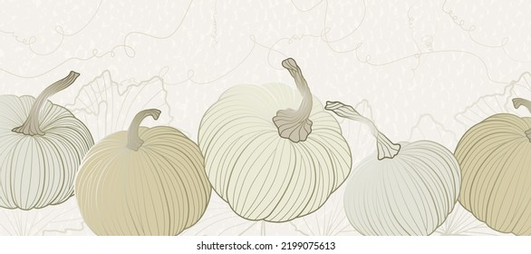 Happy Thanksgiving Holiday Banner. Autumn Abstract Background With Pumpkins, Tendril And Leaves. Beige Luxury Backdrop With Pattern In Art Line Style