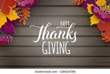 Happy Thanksgiving holiday banner, congratulation text. Autumn tree leaves border on wooden background, top view. Autumnal design for fall season greeting card, paper cut style, vector illustration
