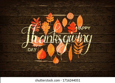 Happy Thanksgiving holiday banner with congratulation text on frame. Autumn tree leaves border on wooden background. Autumnal design for fall season greeting card, paper cut style, vector illustration