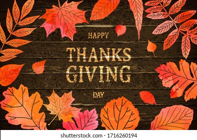 Happy Thanksgiving holiday banner with congratulation text on frame. Autumn tree leaves border on wooden background. Autumnal design for fall season greeting card, paper cut style, vector illustration