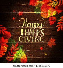 Happy Thanksgiving holiday banner with congratulation text on frame. Autumn tree leaves border on wooden background. Autumnal design for fall season greeting card, paper cut style, vector illustration