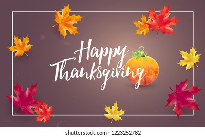 Happy Thanksgiving holiday banner with hand drown lettering on frame. Autumn tree leaves and pumpkin on dark background. Autumnal design for fall season greeting card, vector illustration