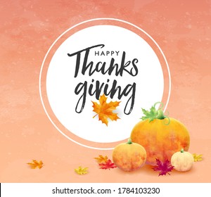 Happy Thanksgiving holiday banner with maple leaves and pumpkin on autumn background. Vector design template for fall season invitation card and poster.