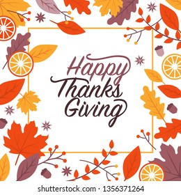 Happy Thanksgiving Holiday Card And Social Media Post With Leaves Frame