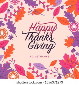 Happy thanksgiving holiday card and social media post with leaves frame