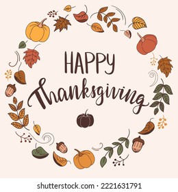 Happy Thanksgiving, holiday circle frame made of doodle style leaves and other autumn elements.