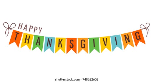 Happy Thanksgiving holiday decoration. Colorful garland of bunting flags and text. Design element. November holidays theme. Vector illustration.