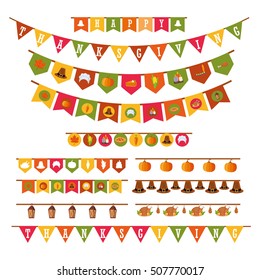 Happy Thanksgiving Holiday Decorations Set in Flat Style Isolated on White Background, Vector Illustration. Festive Garland, Flags with Thanksgiving Icons Collection