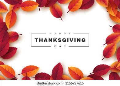 Happy Thanksgiving holiday design with bright autumn leaves and greeting text. White background. Vector illustration.