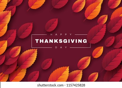 Happy Thanksgiving holiday design with bright autumn leaves and greeting text. Dark background. Vector illustration.