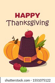 Happy Thanksgiving holiday flat vector greeting card template. Festive items color illustration